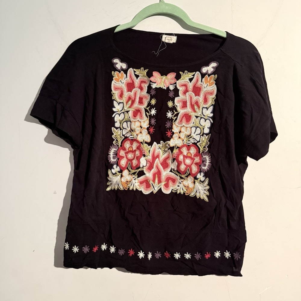 Anthropologie Tiny Medium Embroidered Top Black Boho Cottagecore Festival